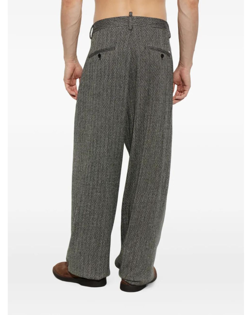 DSquared² Gray Herringbone-Pattern Pleated Trousers for men
