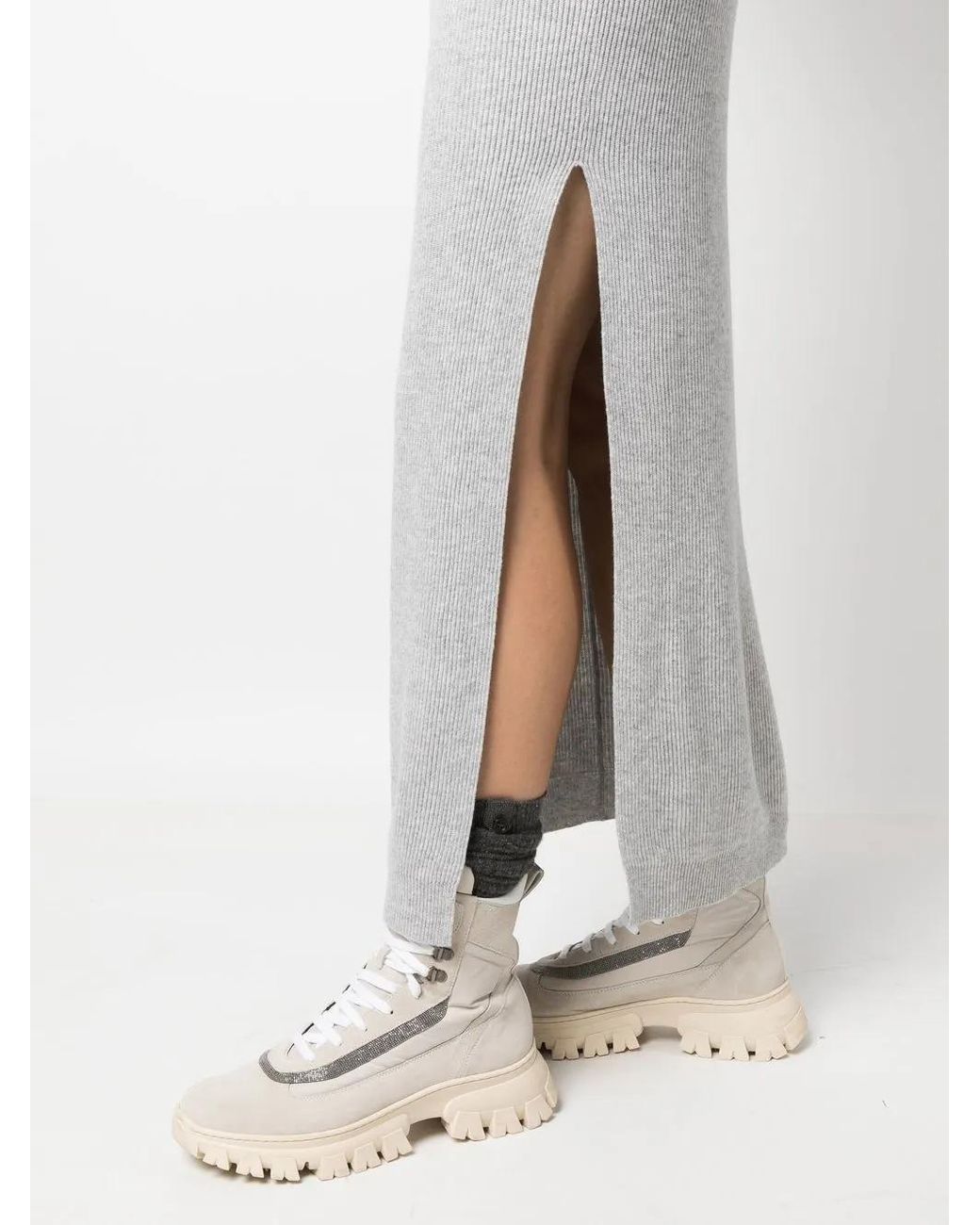Brunello Cucinelli White Ribbed-knit Side-slit Skirt
