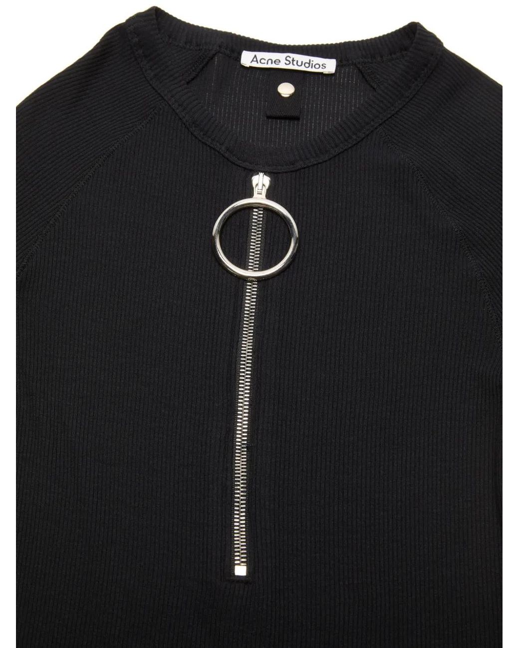 Acne Black Ribbed T-Shirt With Zipper