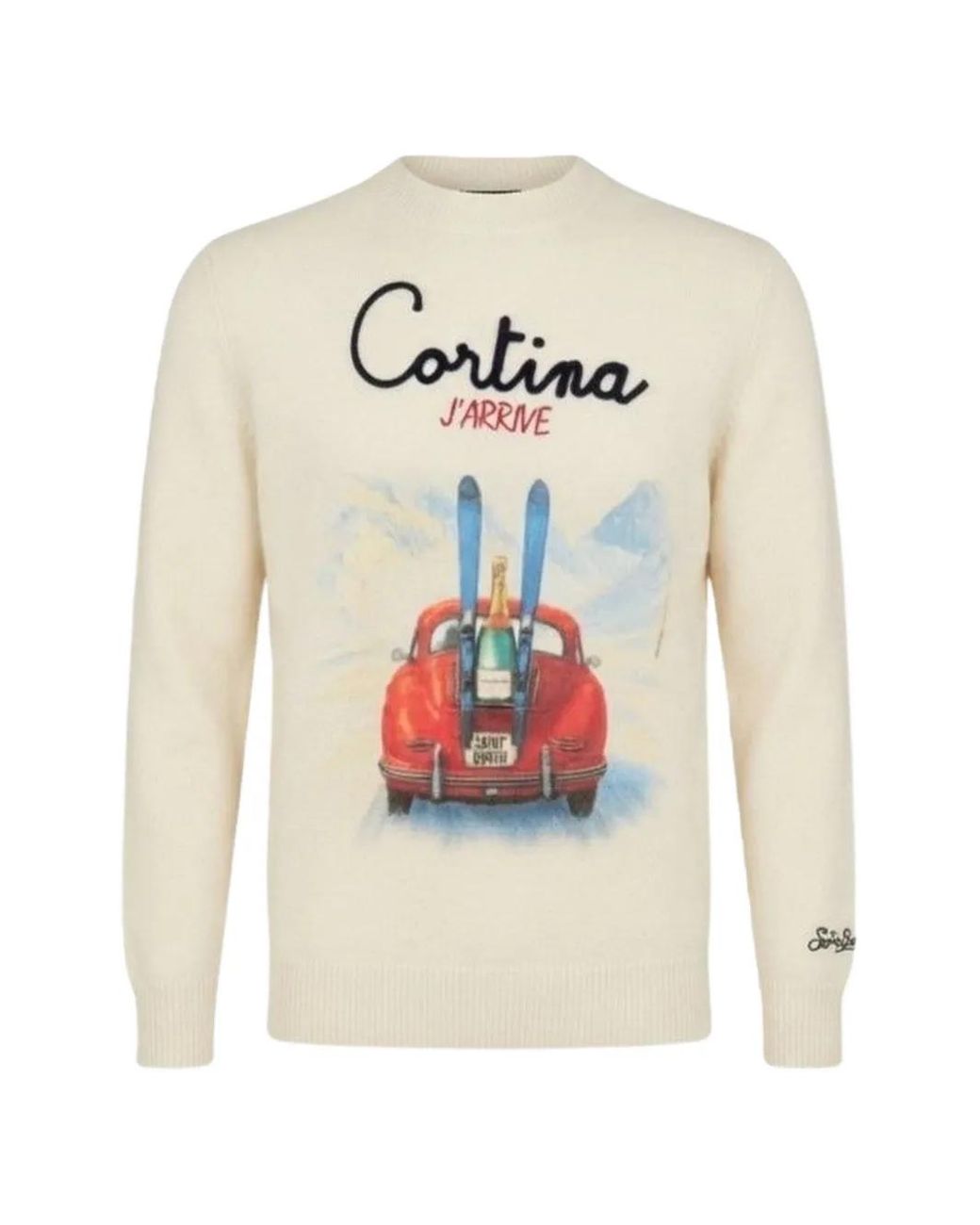 Mc2 Saint Barth White Heron Wool And Cashmere Blend Crewneck With Cortina J'Arrive Intarsia And Embroidery Sweater for men