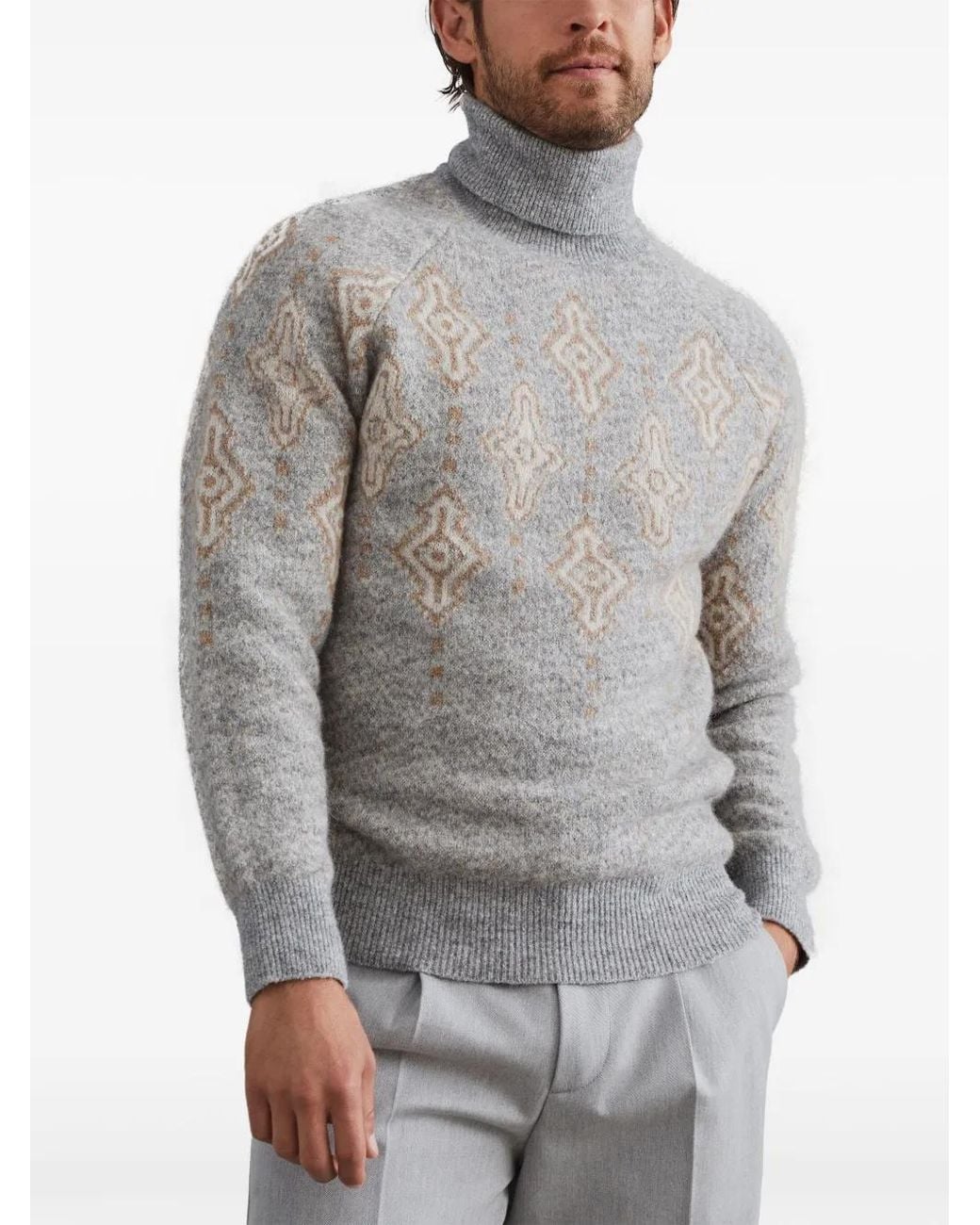 Brunello Cucinelli Gray Geometric Alpaca Cotton Turtleneck Sweater for men