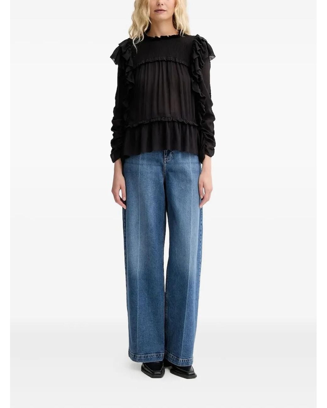 Munthe Black Crisp Smocked Ruffled Blouse
