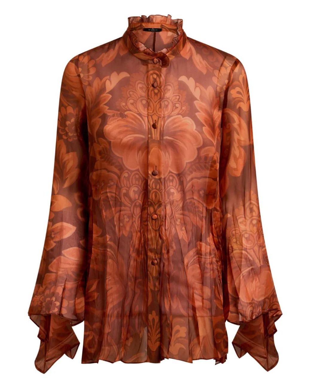 Etro Brown Pleated Floral-Print Shirt