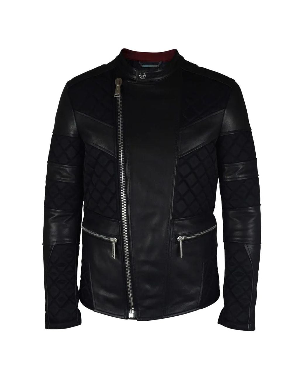 Philipp Plein Black Quilted Leather Biker Jacket for men