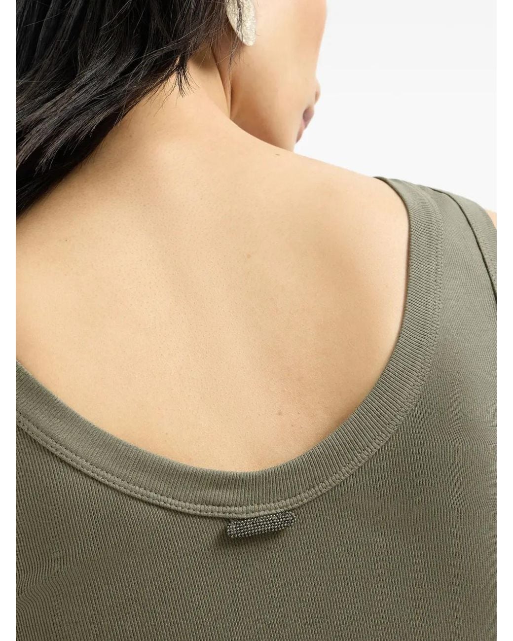 Brunello Cucinelli Green Stretch Cotton Ribbed Jersey Top With Monili