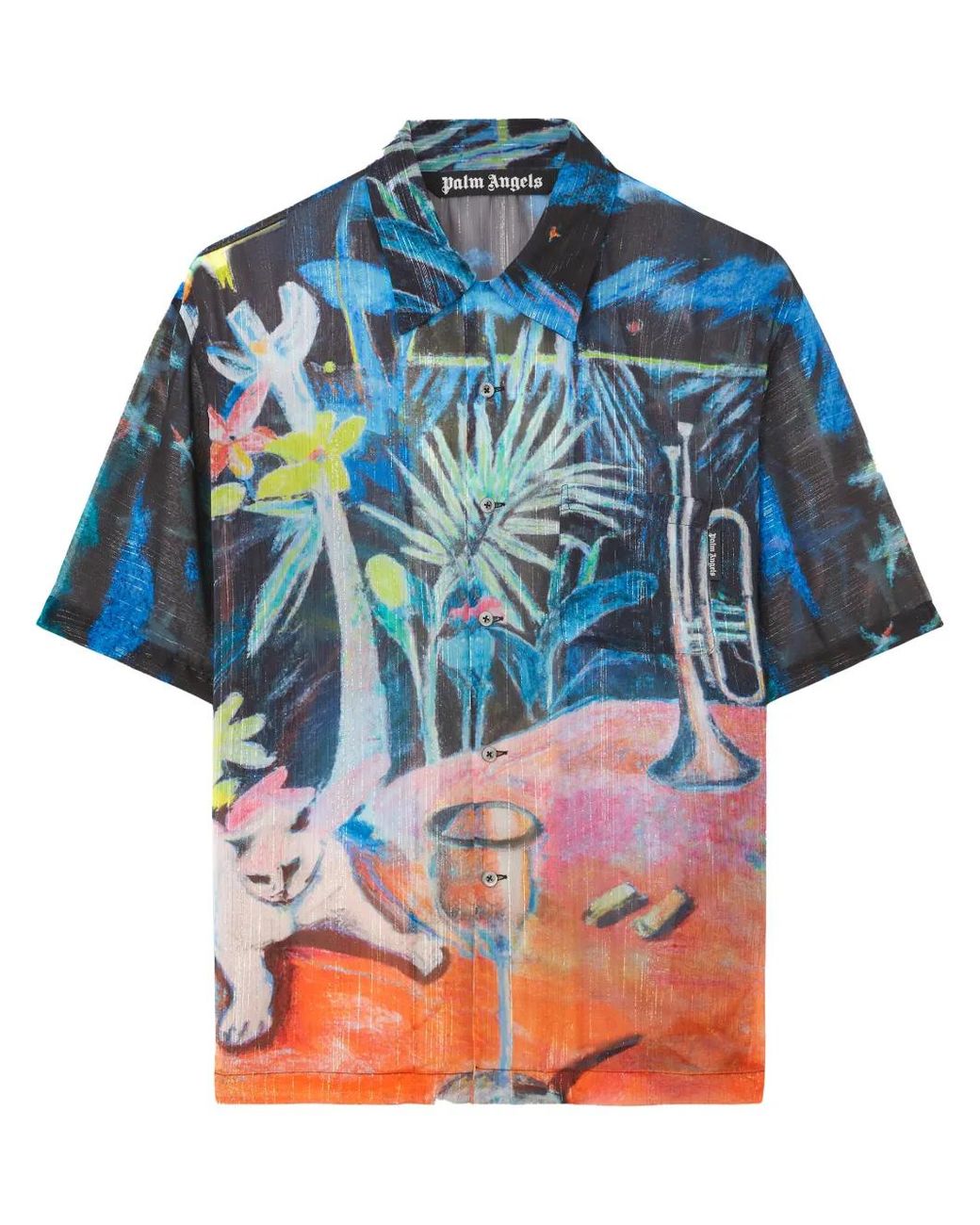 Palm Angels Blue Oil On Canvas Button-Up Bowling Shirt for men