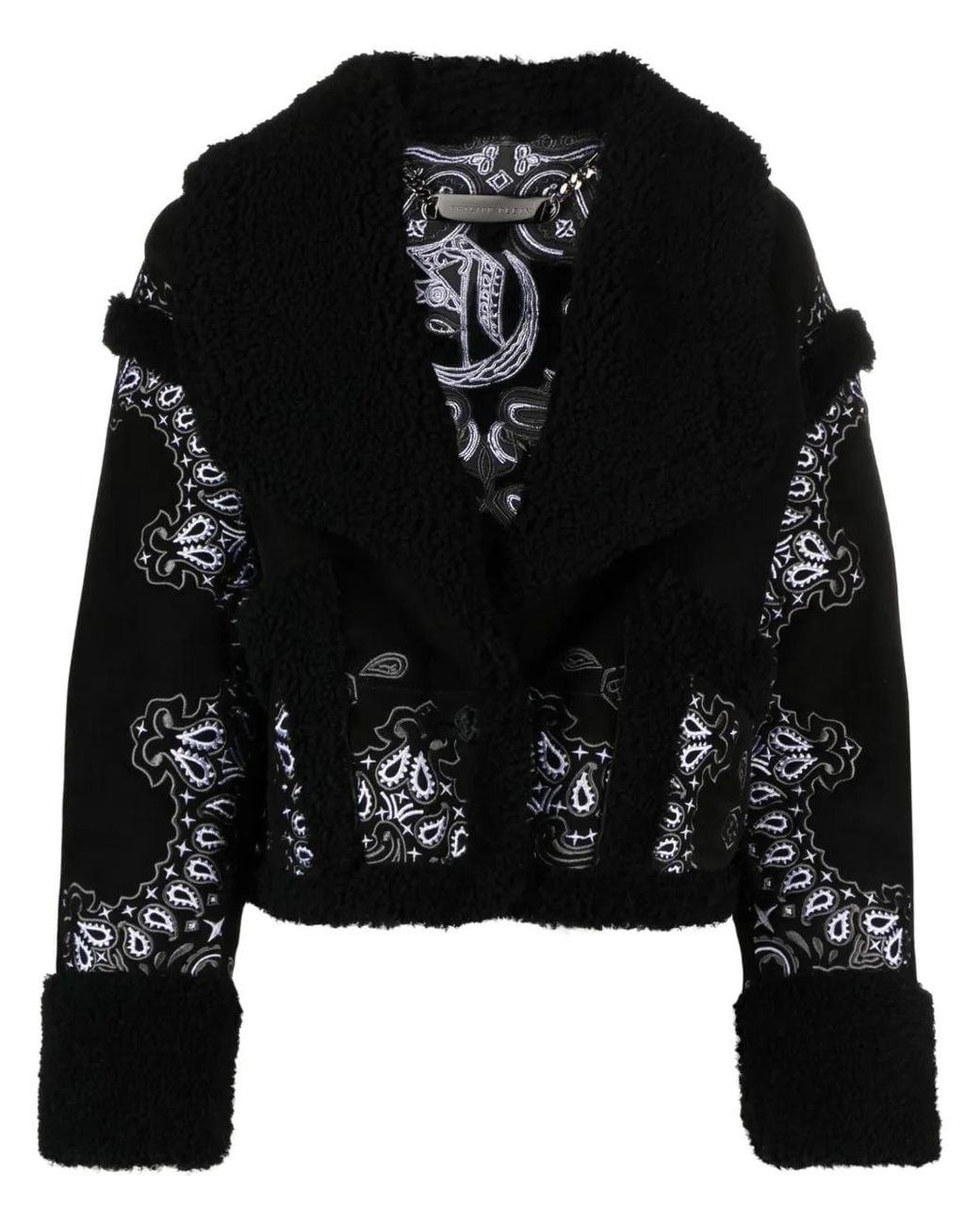 Philipp Plein Black Paisley Bandana Shearling Jacket
