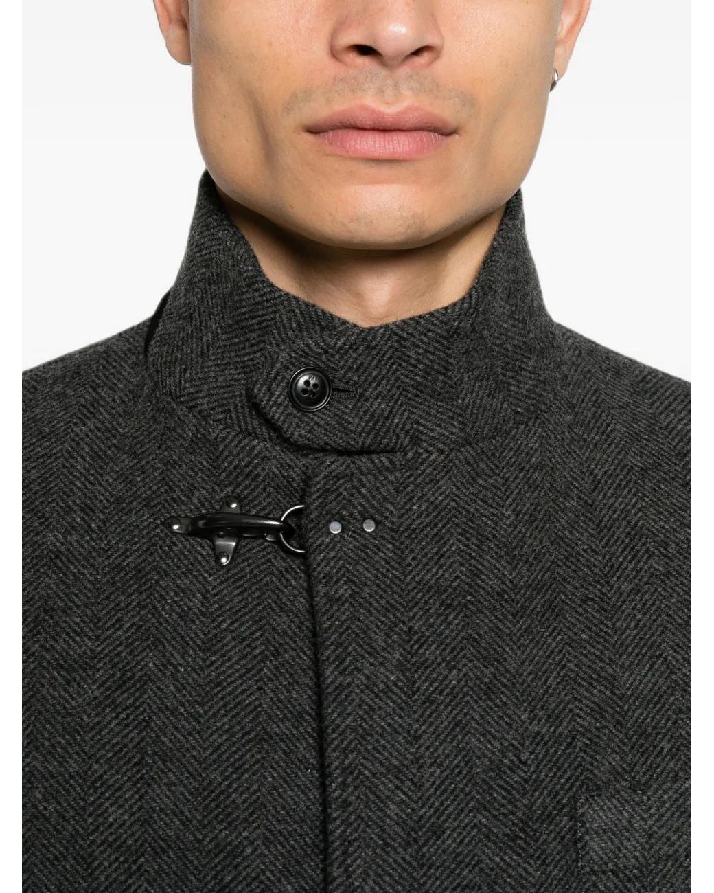 Fay Black Herringbone-Weave Hook-Fastening Coat for men