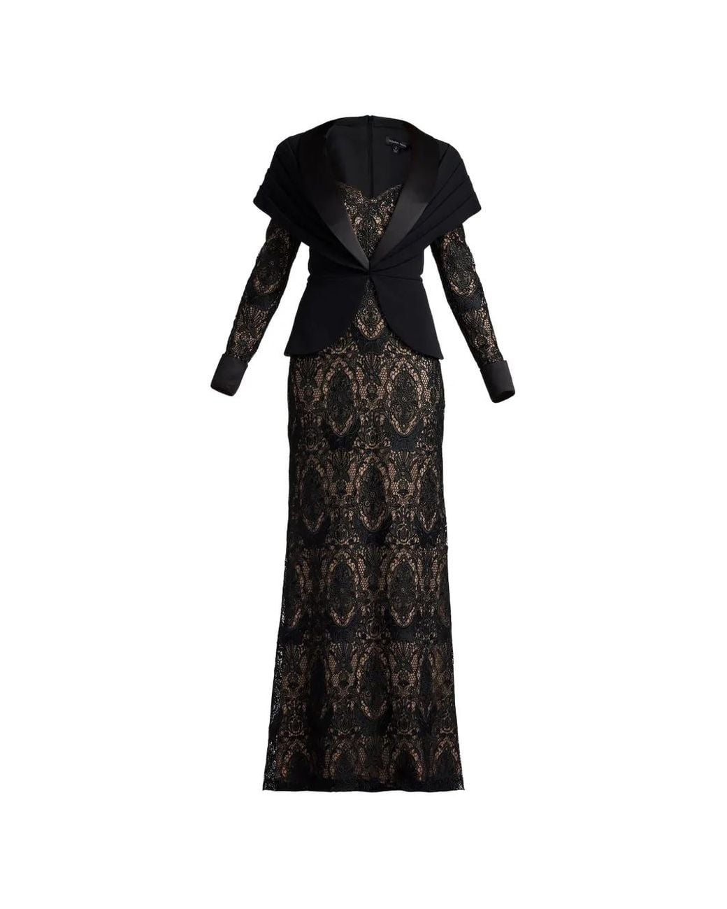 Tadashi Shoji Black Robe À Col Châle Et Superposition En Dentelle