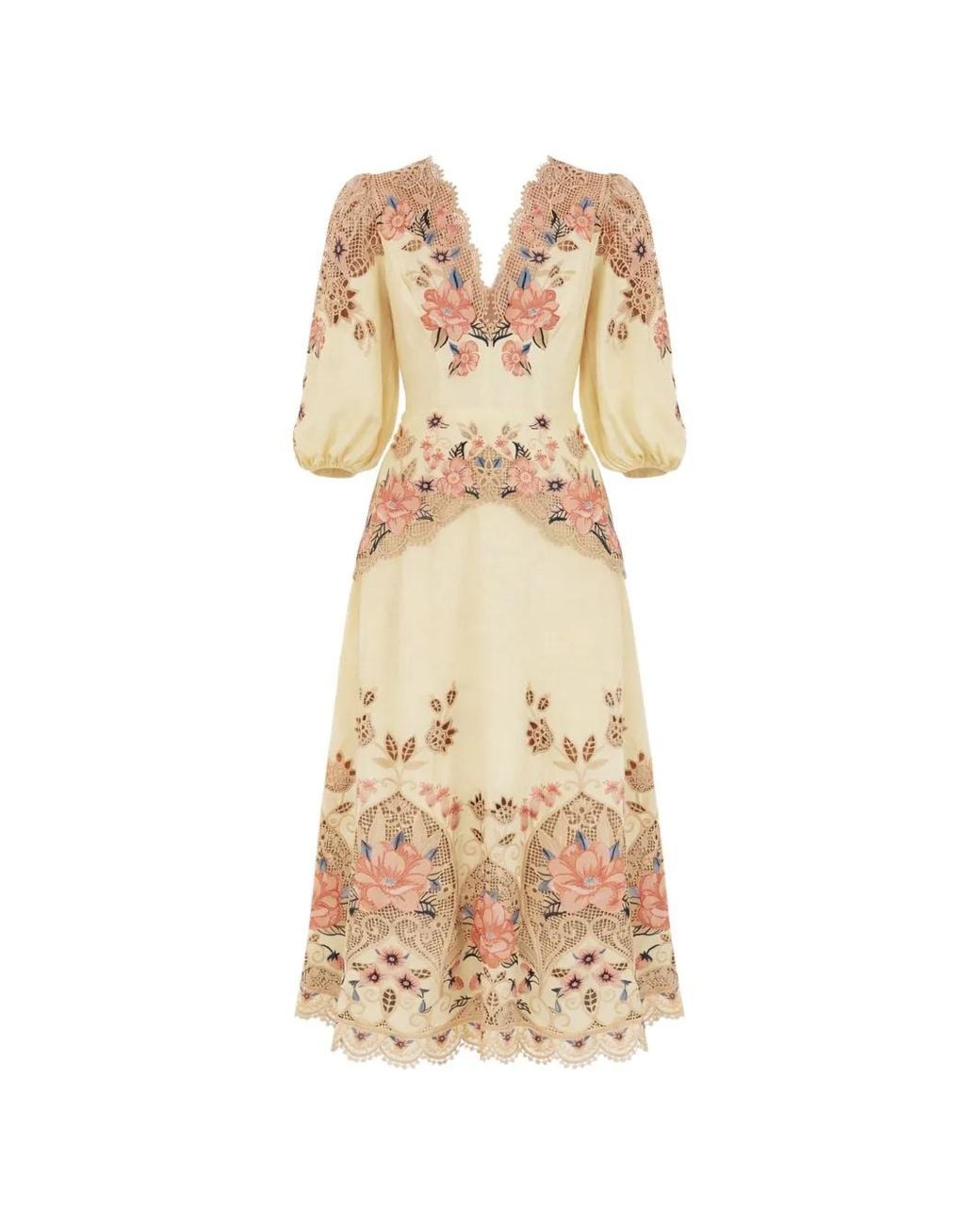 Farm Rio Metallic Floral-Embroidered Midi Linen Dress