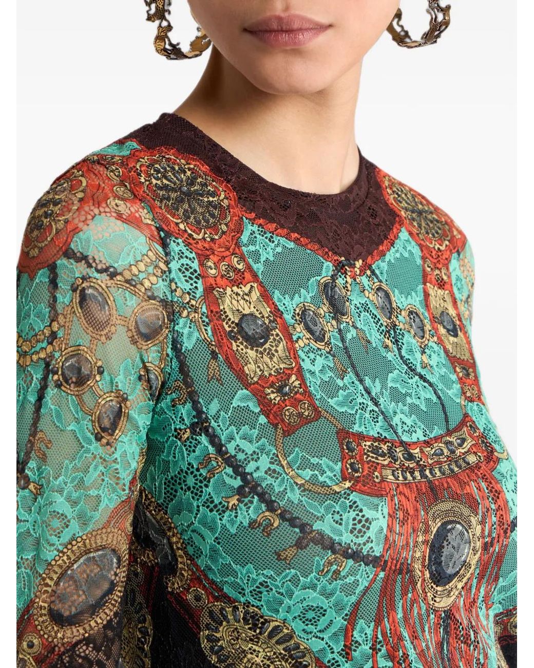 Etro Green Jersey Sweater With Lace And Placed Jewellery Print