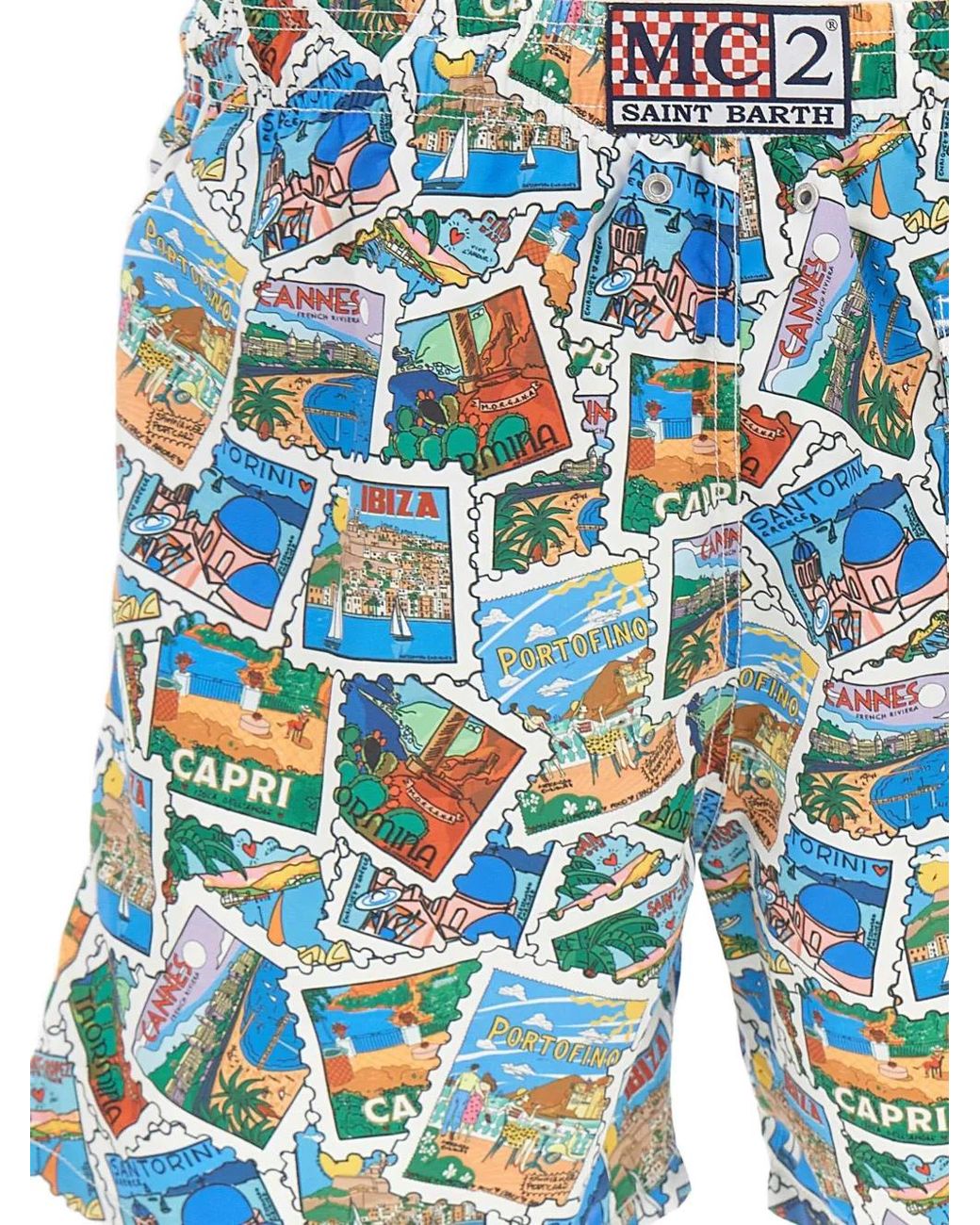 Mc2 Saint Barth Blue Gustavia Swim Shorts With Postcard Print for men