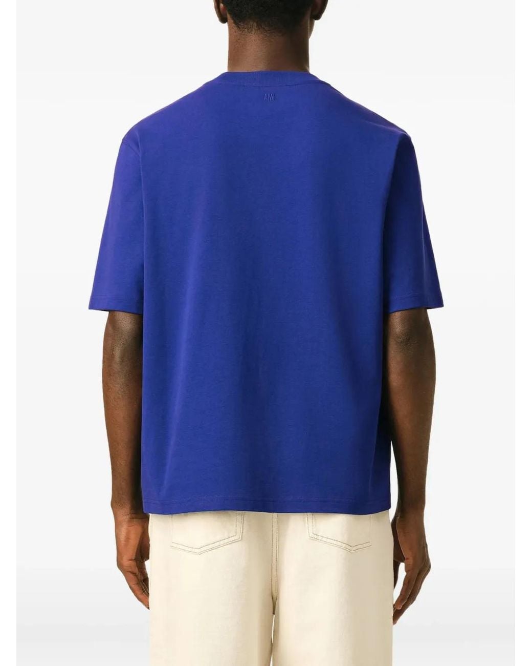 AMI Blue Cotton T-Shirt With Embossed Ami De Coeur