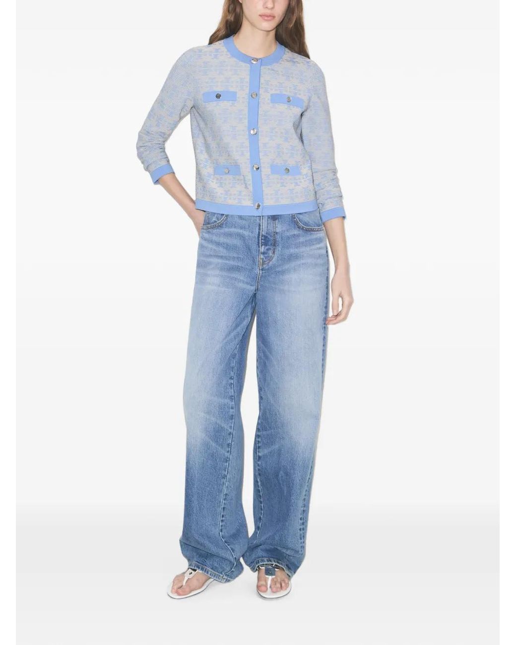 Tory Burch Blue Kendra Monogram-Pattern Cardigan