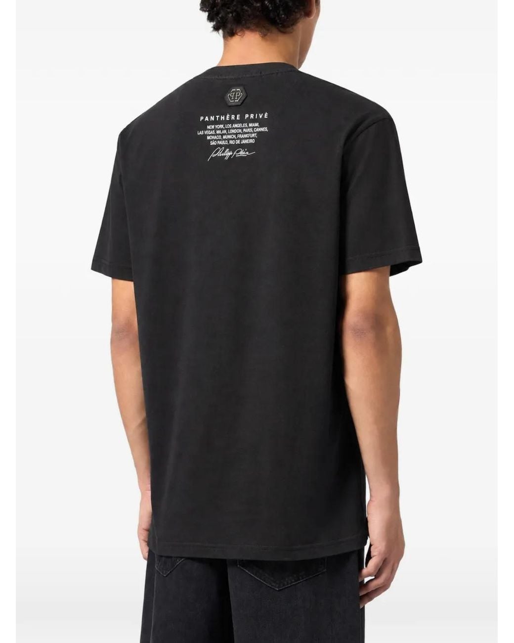Philipp Plein Black Round-Neck T-Shirt Urban Jungle Leopard Stones for men