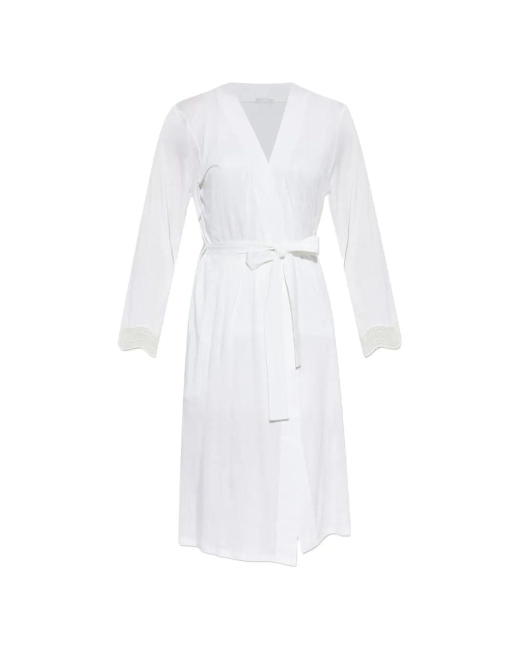 Hanro White Robe De Chambre Ceinturée Ornée De Dentelle