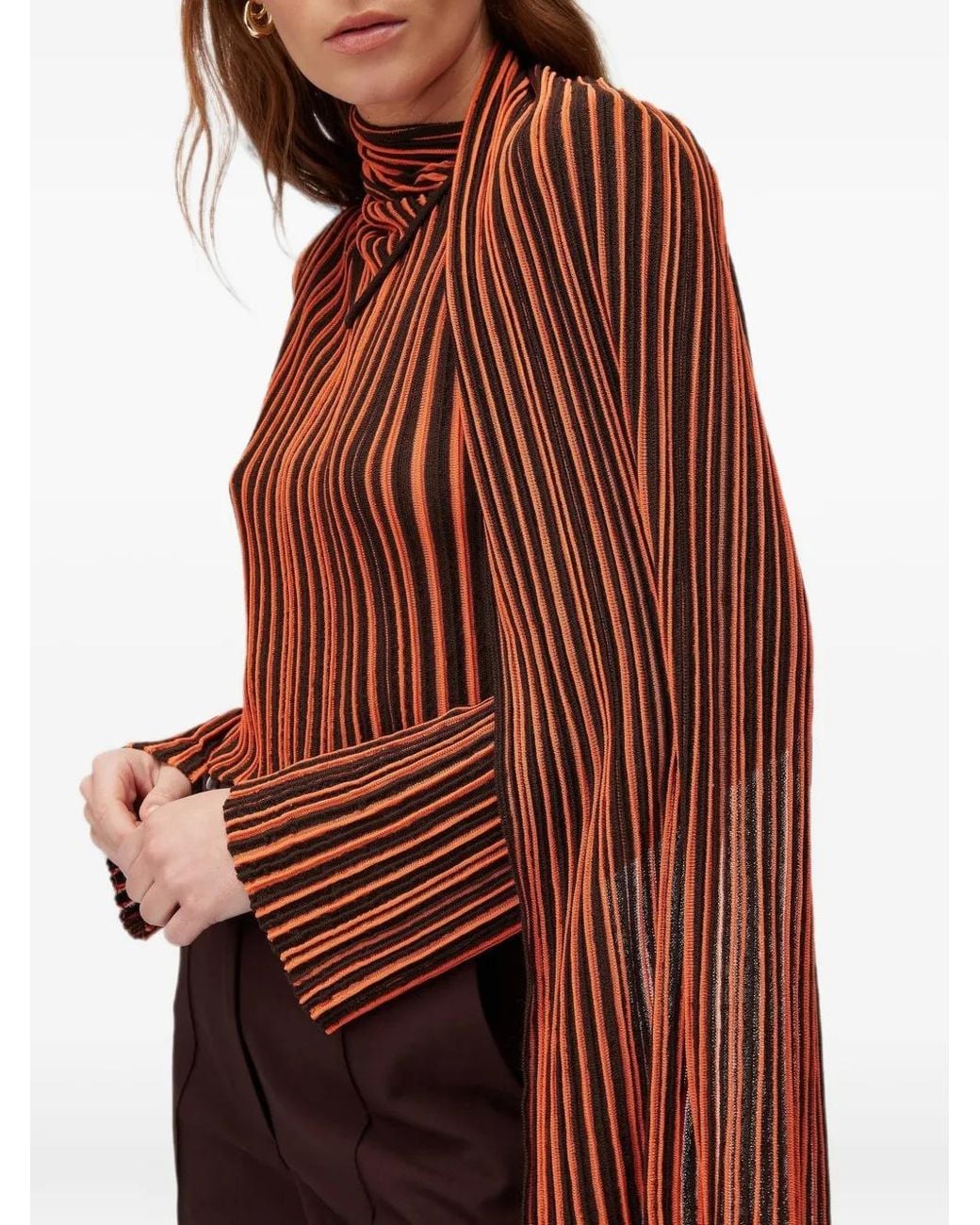 RETORI Brown Striped Scarf-Detail Blouse