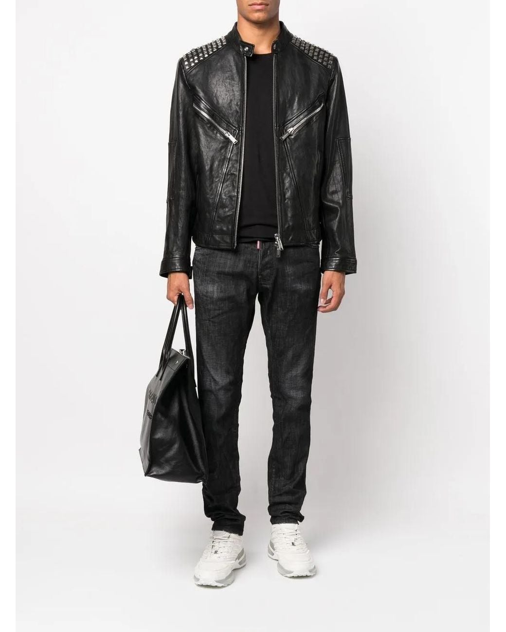 DSquared² Black Studded Leather Biker Jacket for men