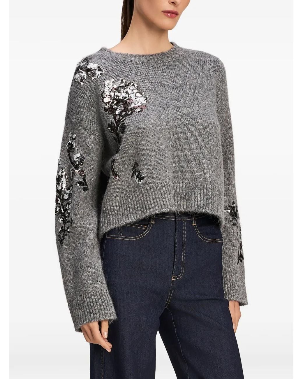 Cinq À Sept Gray Esmerine Sequin-Embellished Floral-Motif Sweater