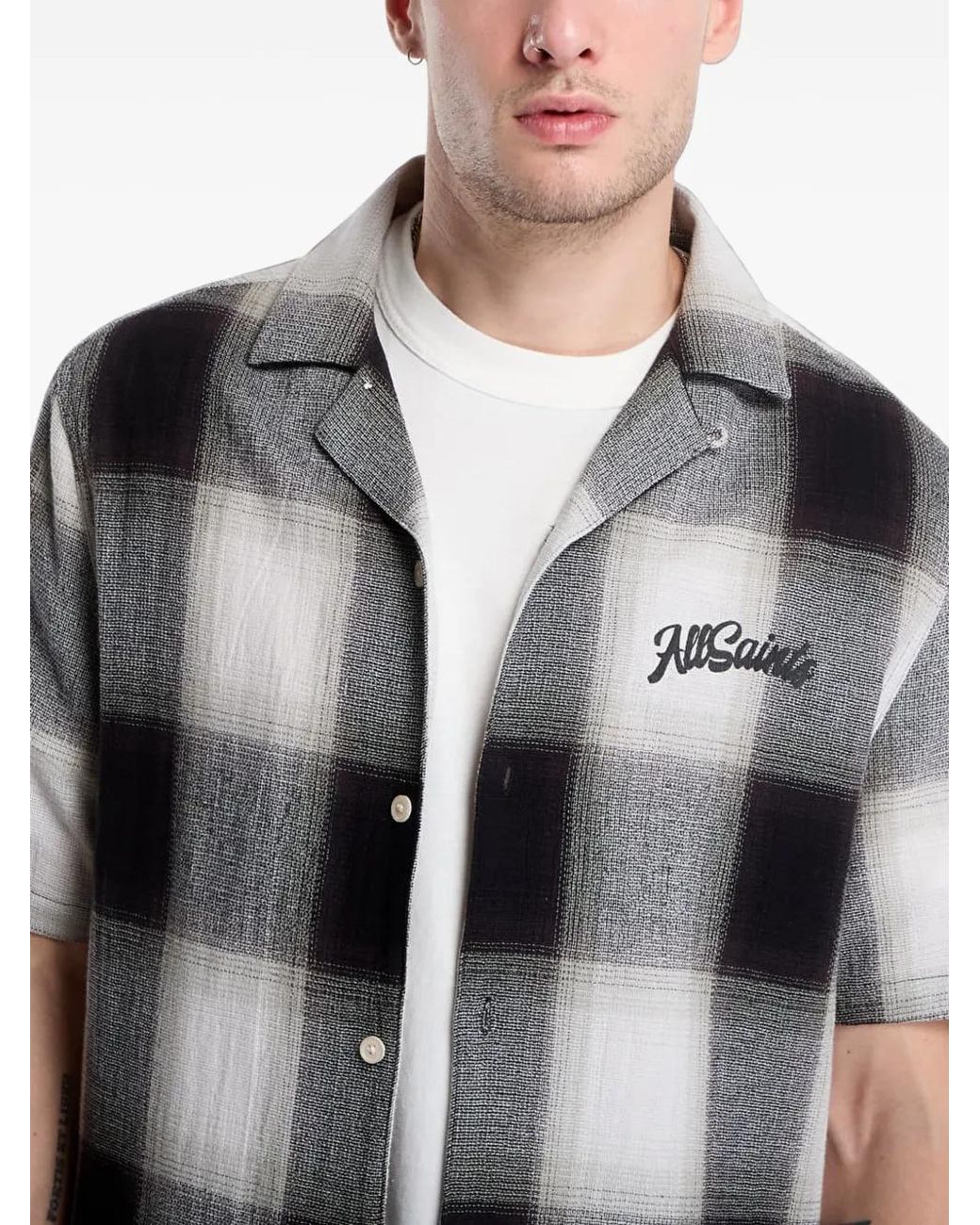 AllSaints Gray Check Short-Sleeve Shirt for men