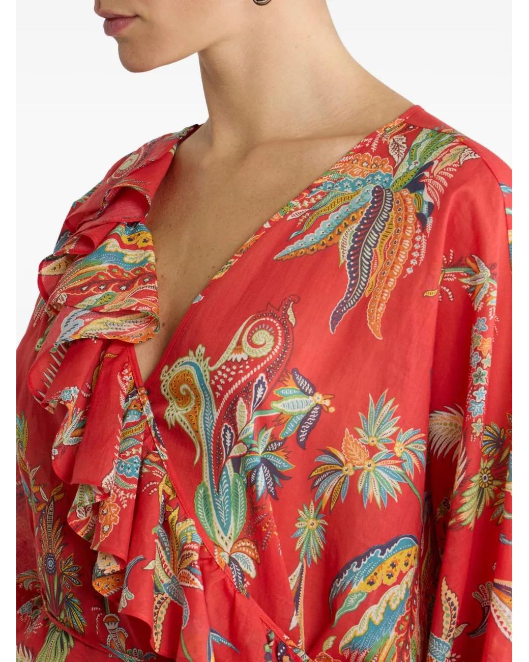 Etro Red Paisley-Print Ruffled Blouse