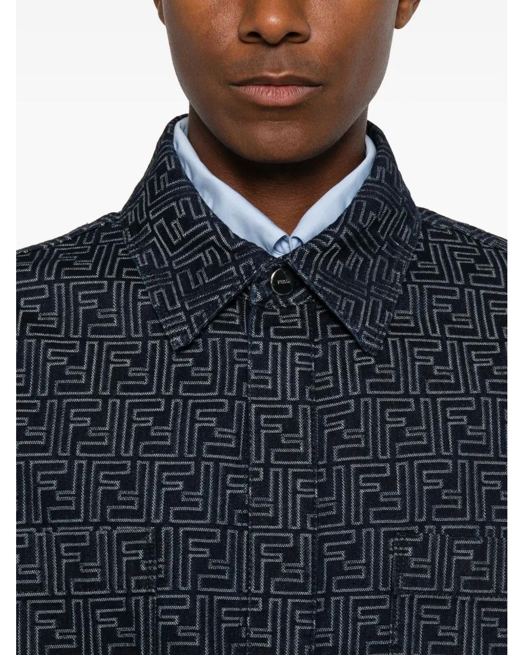 Fendi Blue Monogram-Pattern Shirt Jacket for men