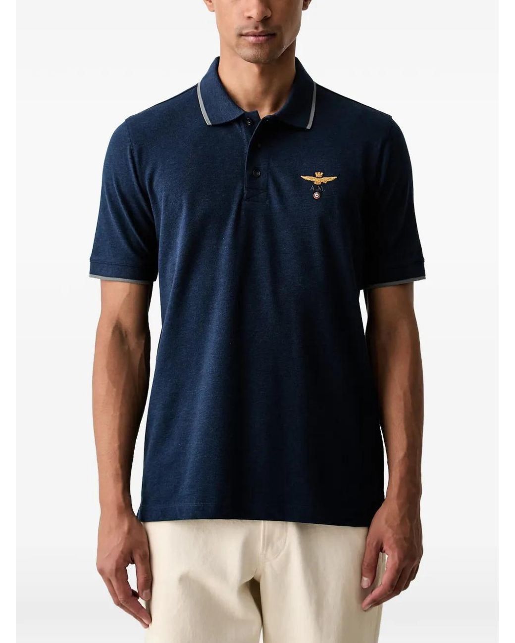 Aeronautica Militare Blue Embroidered-Logo Tipped Polo Shirt for men
