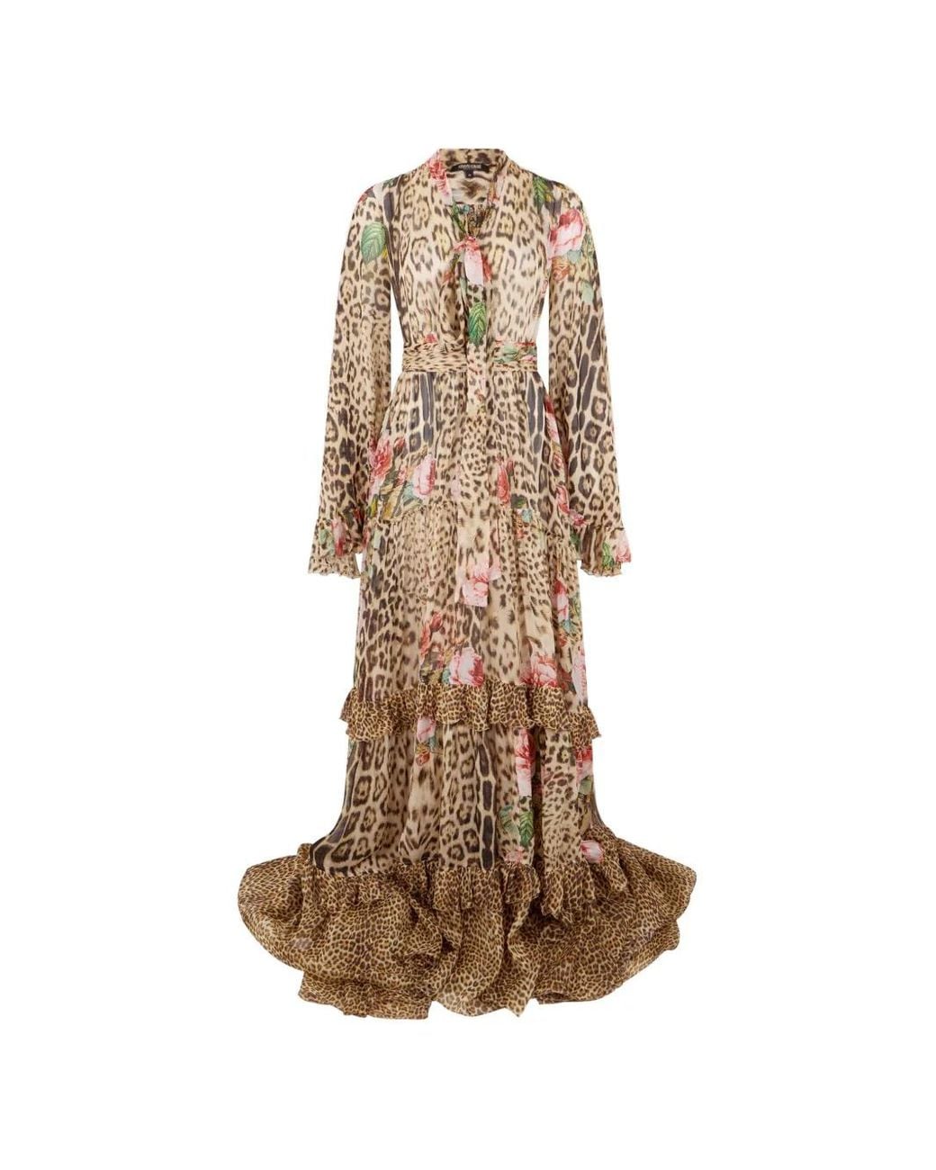 Roberto Cavalli Natural Jaguar-Print Tiered Maxi Dress