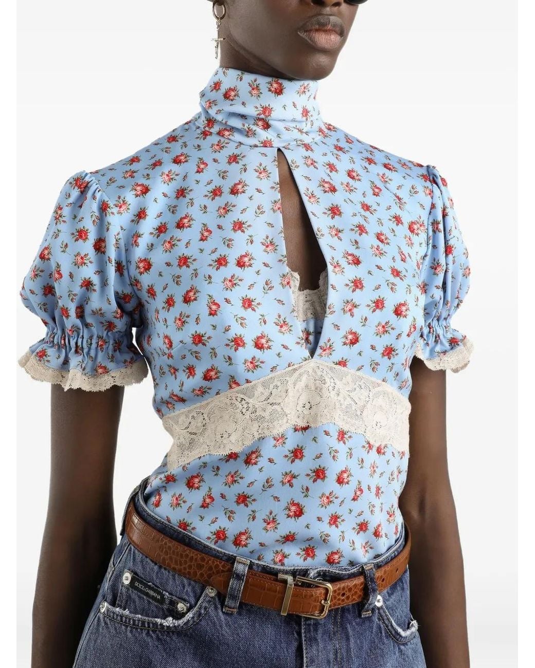 Dolce & Gabbana Blue Floral-Print Keyhole Blouse