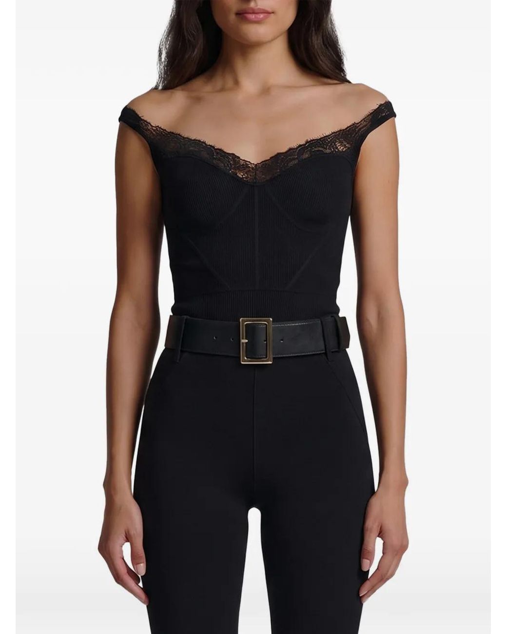 Self-Portrait Black Lace-Trimmed Knit Top