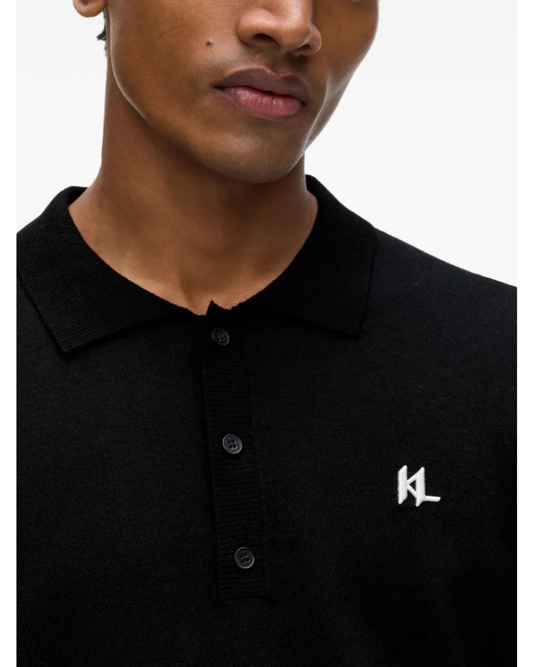 Karl Lagerfeld Black Merino Wool Long-Sleeved Polo Shirt for men