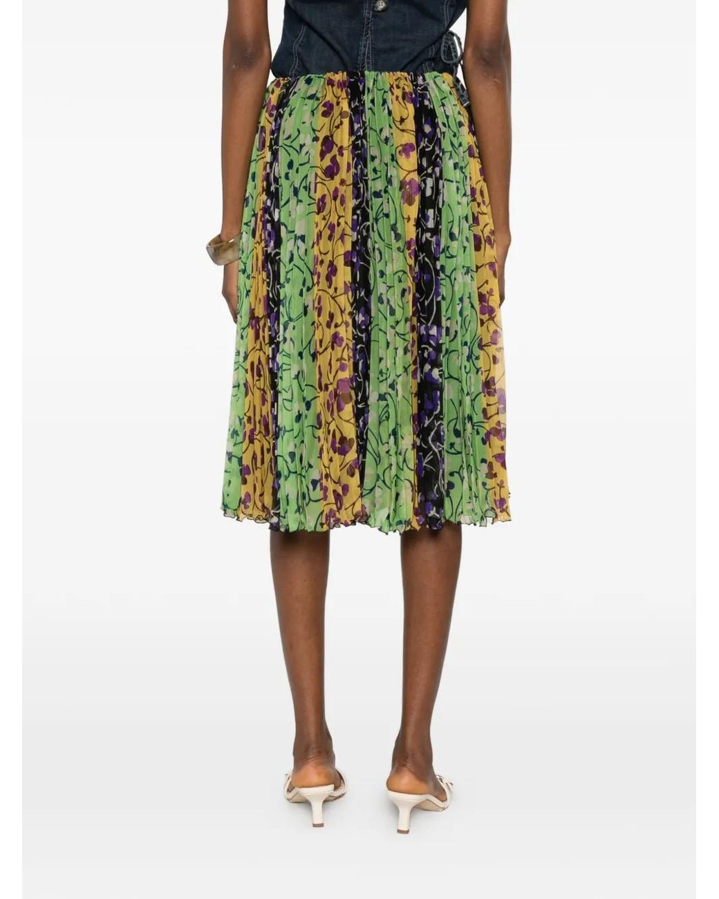 LaDoubleJ Green Floral-Detail Pleated Midi Skirt