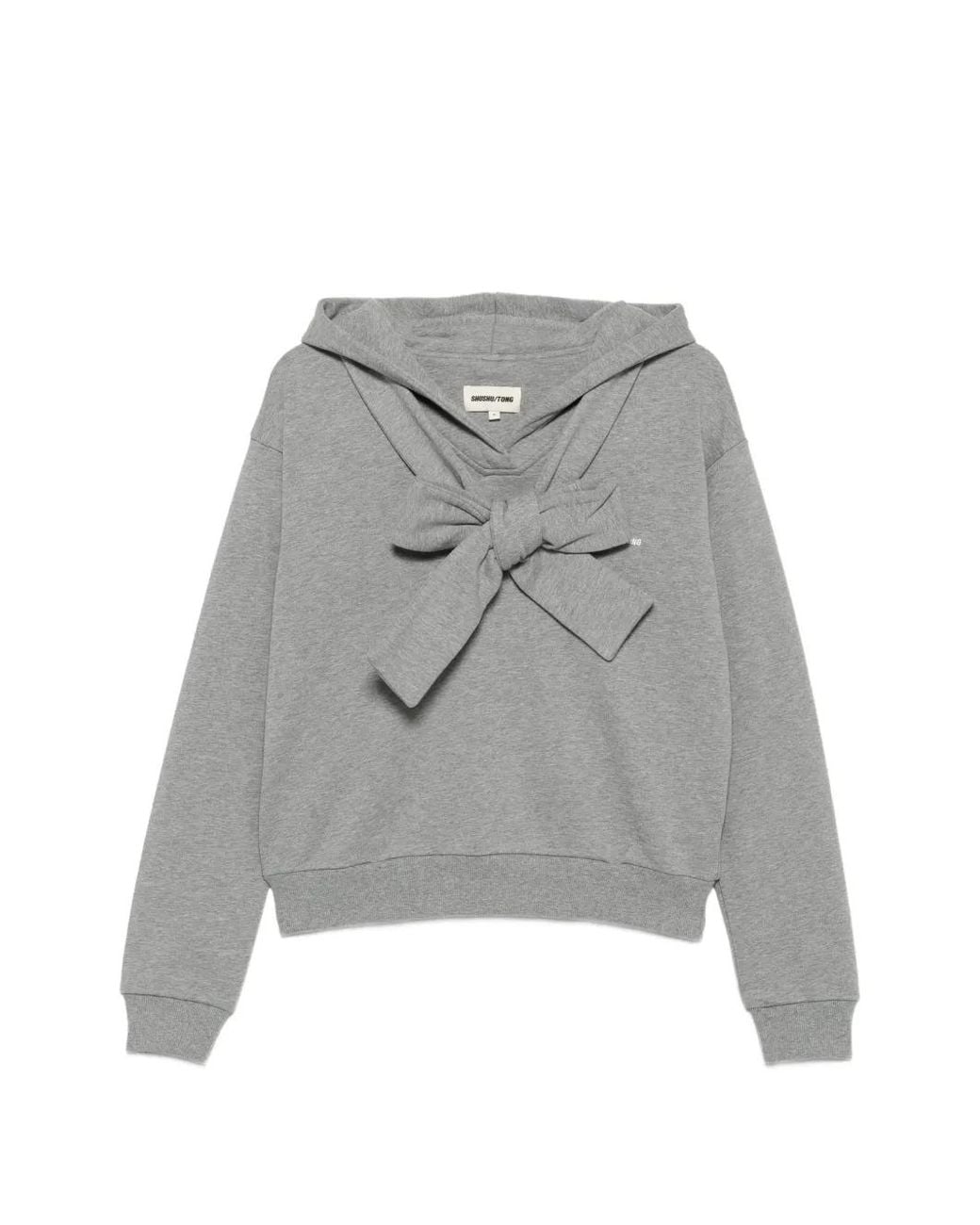 ShuShu/Tong Gray Bow-Detail Logo-Print Hoodie