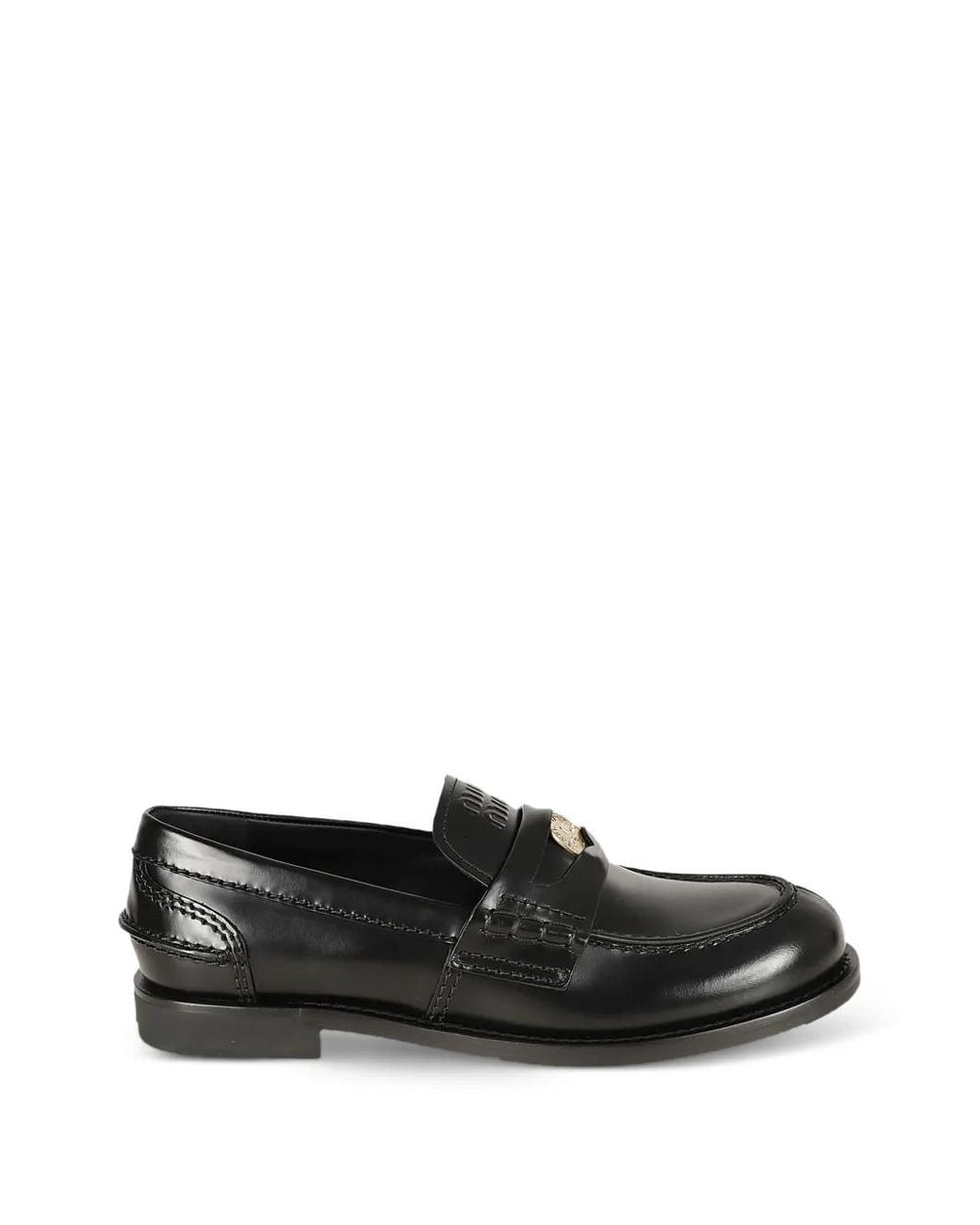 Miu Miu Black Brushed Coin Detail Round Toe Loafers