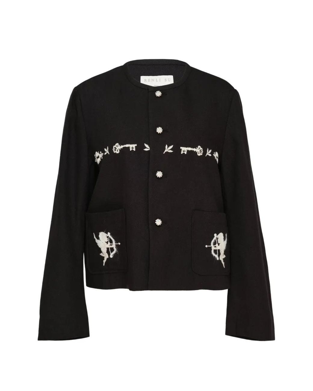Renli Su Black Embroidered Crew-Neck Jacket
