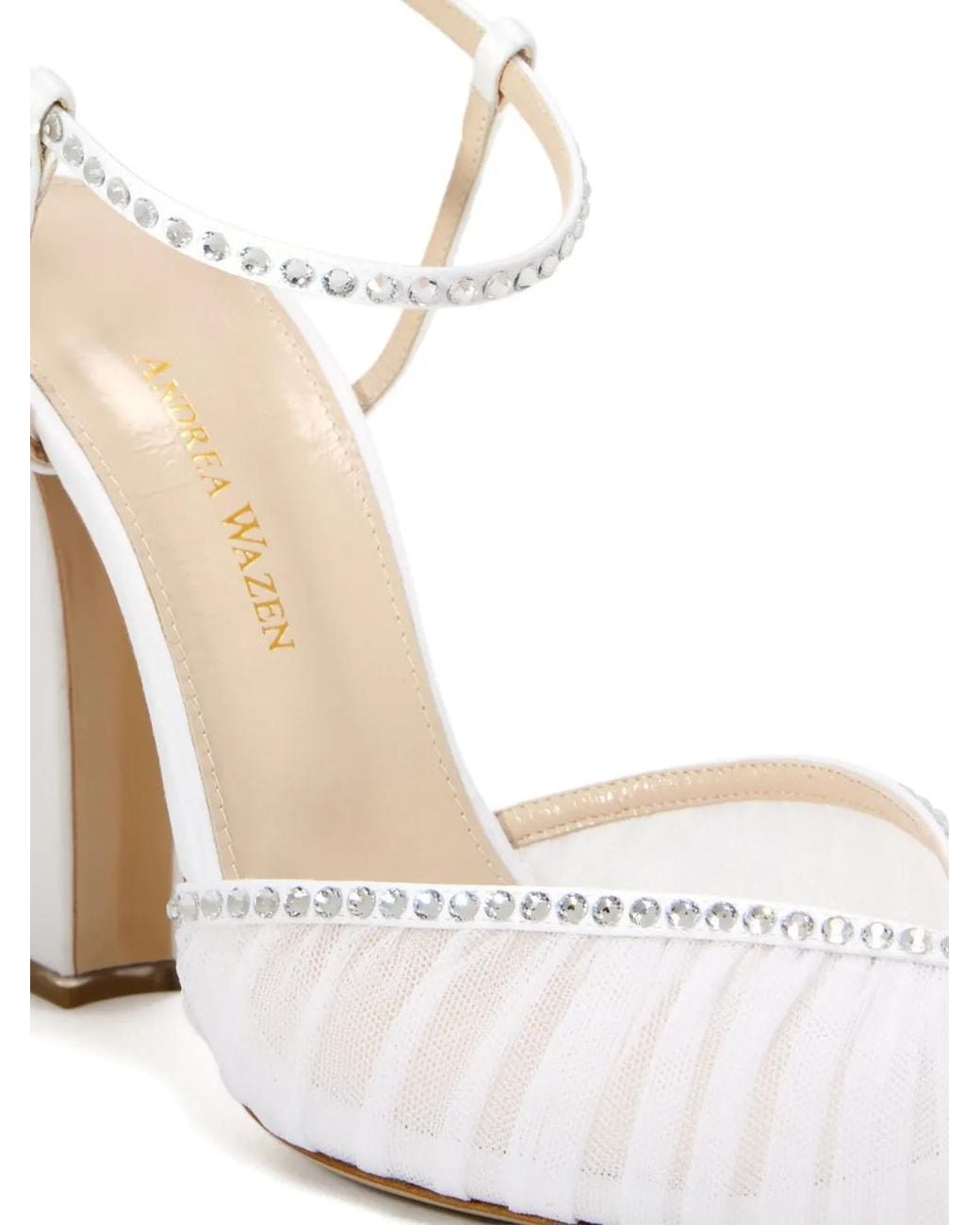 Andrea Wazen White Katy Rhinestone Block Heel Sandals