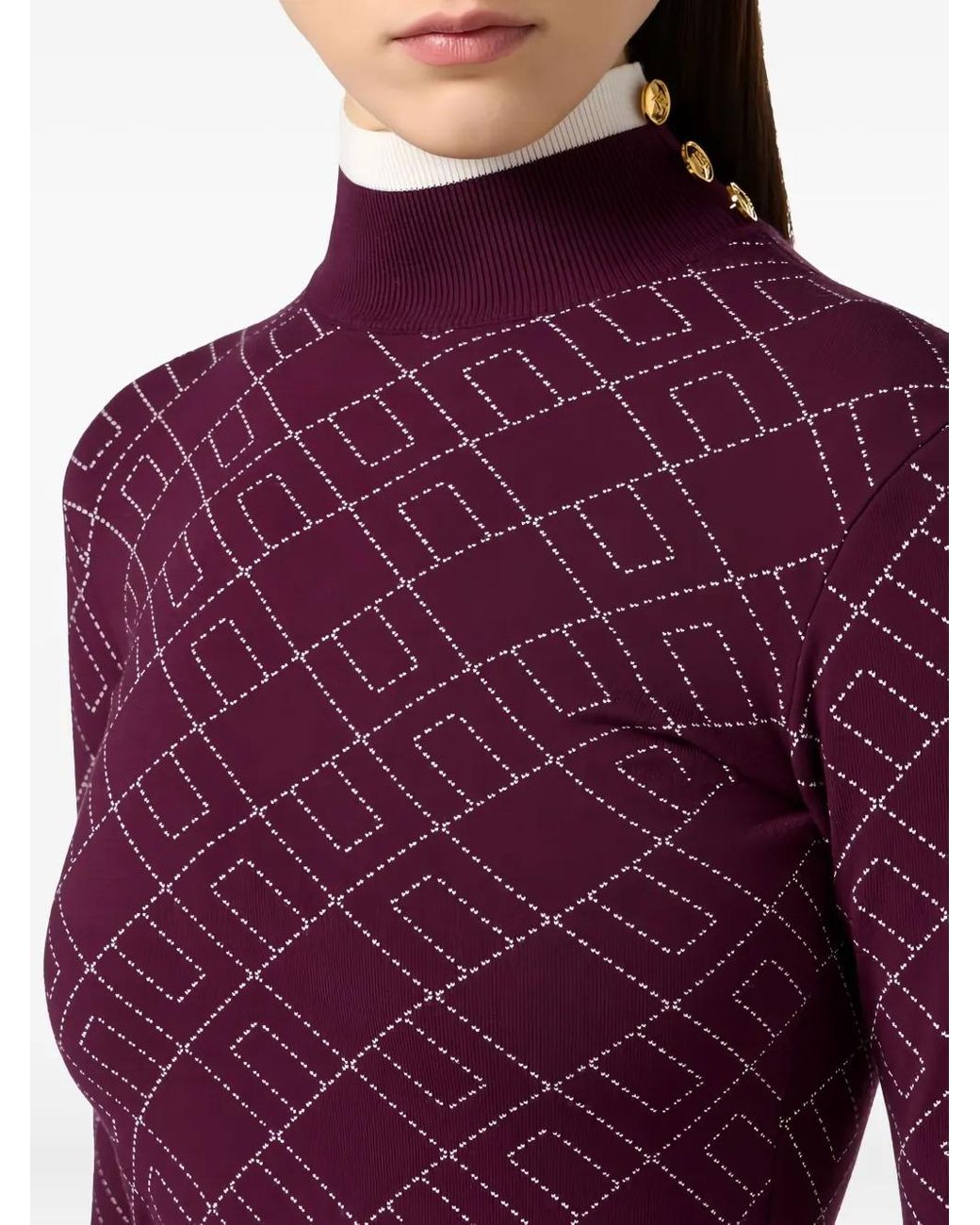 Elisabetta Franchi Gebreide Midi-Jurk Met Decoratieve Knopen En Jacquard in het Purple