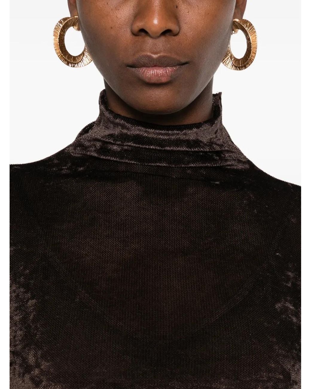 Forte_forte Black T-Shirt En Velours Froissé À Col Montant Et Manches Longues