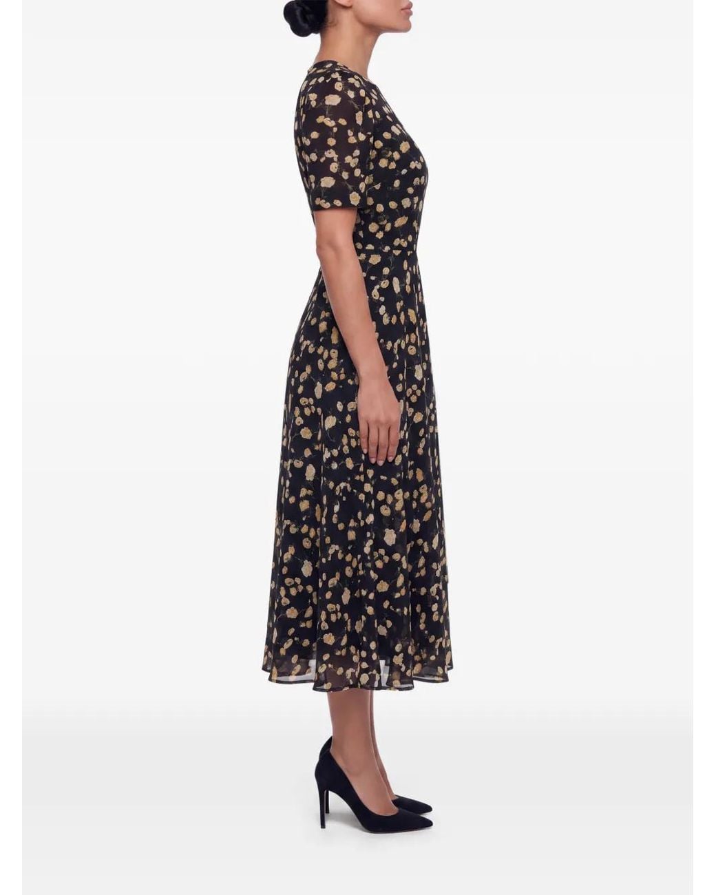 POST MERIDIEM Black Floral-Print Short-Sleeve Midi Dress