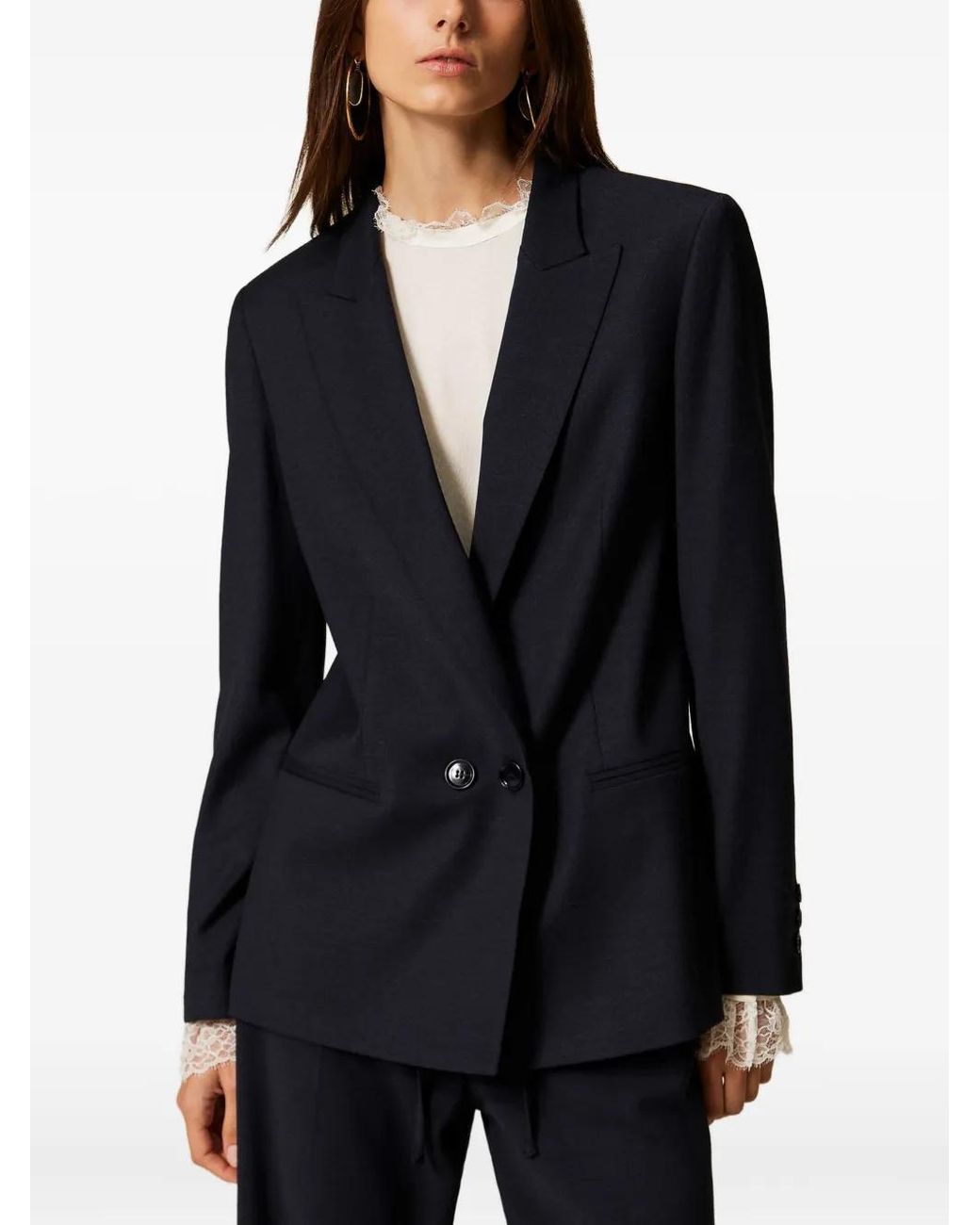 Twinset Blue Double-Breasted Wool-Blend Blazer