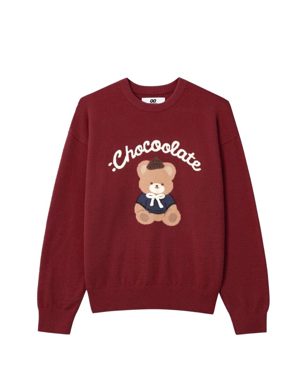 Chocoolate Red Bear-Intarsia Drop-Shoulder Sweater
