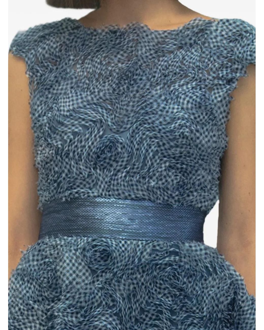 Gemy Maalouf Blue Floral-Appliqué Gingham Dress