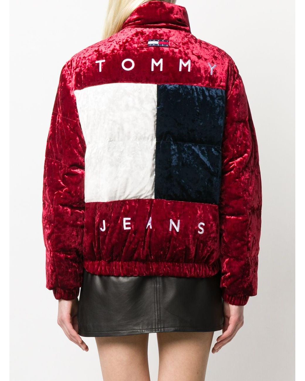 Tommy Hilfiger Denim Colour-block Velour Puffer Jacket in Red | Lyst UK