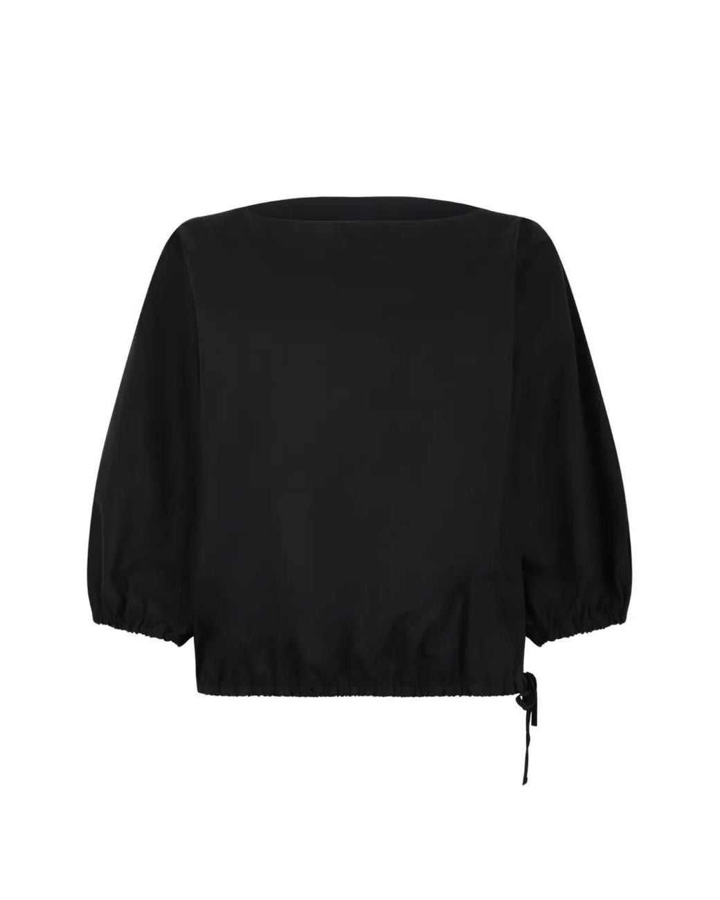 Douuod Black Drawstring-Hem Puff-Sleeve Blouse