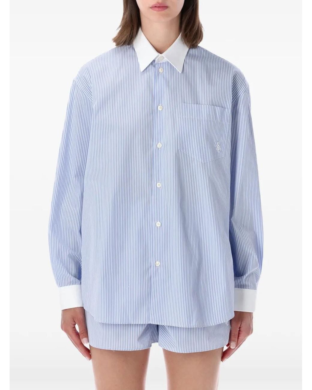 Sporty & Rich Blue Vertical-Stripe Embroidered-Logo Shirt