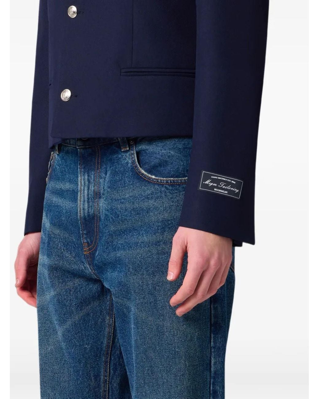 MSGM Blue Mandarin-Collar Logo-Patch Jacket for men
