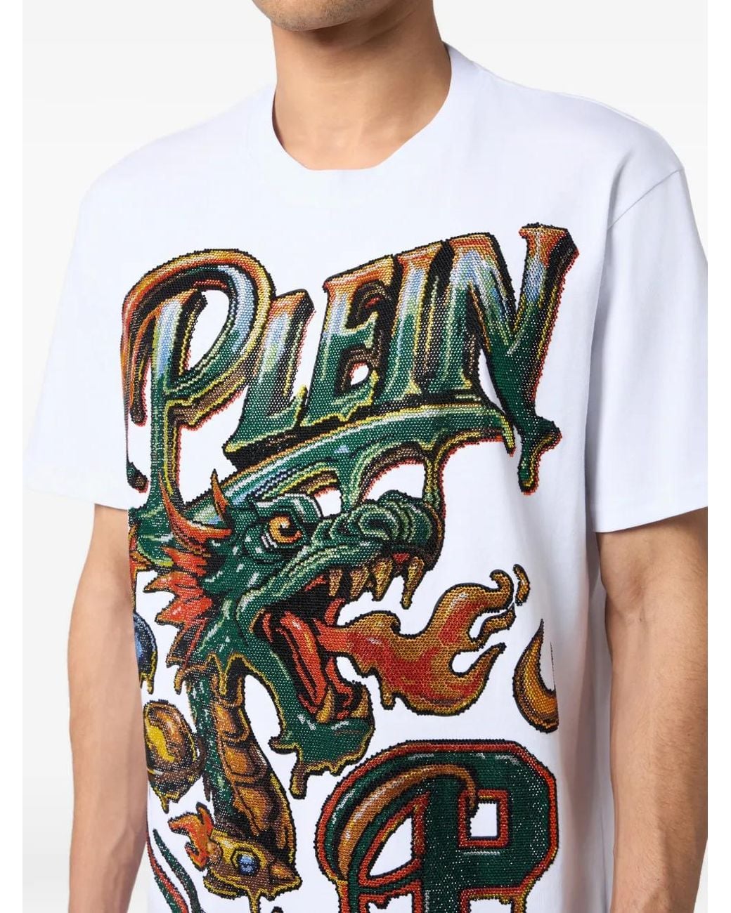 Philipp Plein White Round Neck T-Shirt Space Dragon for men