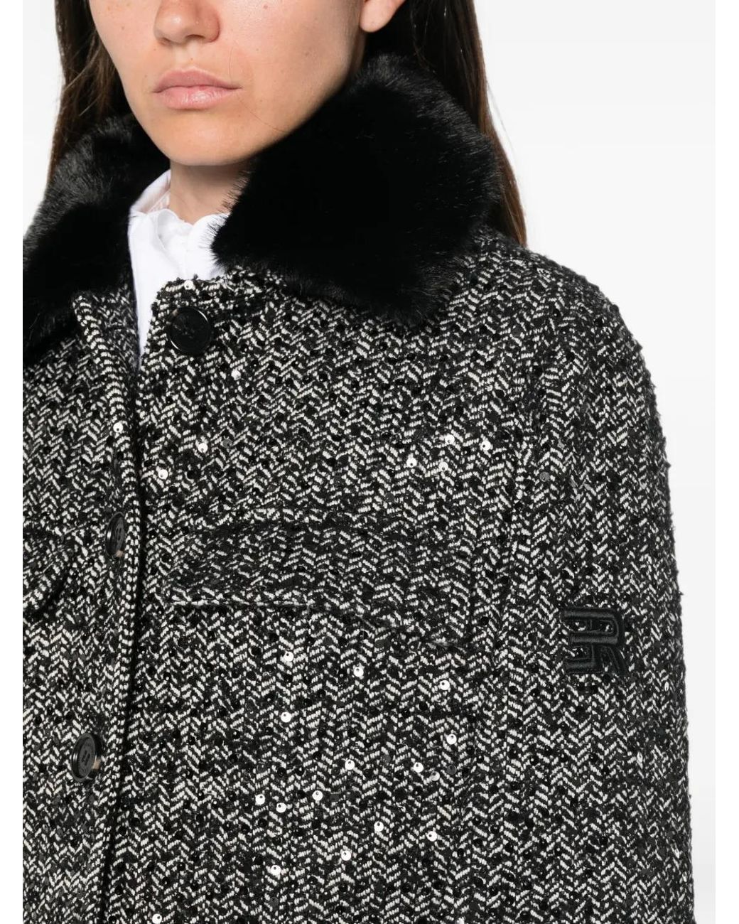 ERMANNO FIRENZE Black Sequin-Embellished Herringbone Jacket