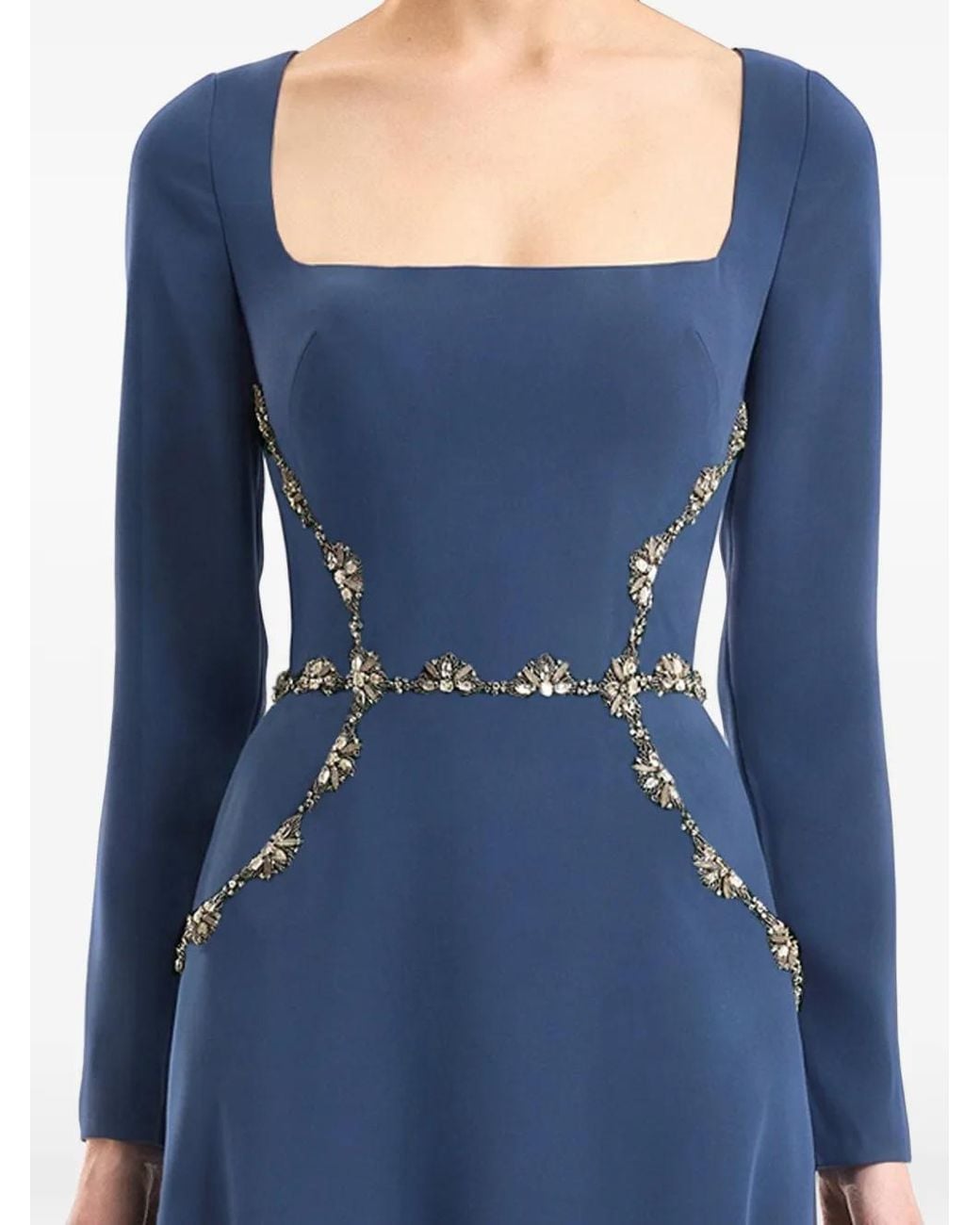 Gemy Maalouf Blue Beaded-Waist Square-Neck Dress