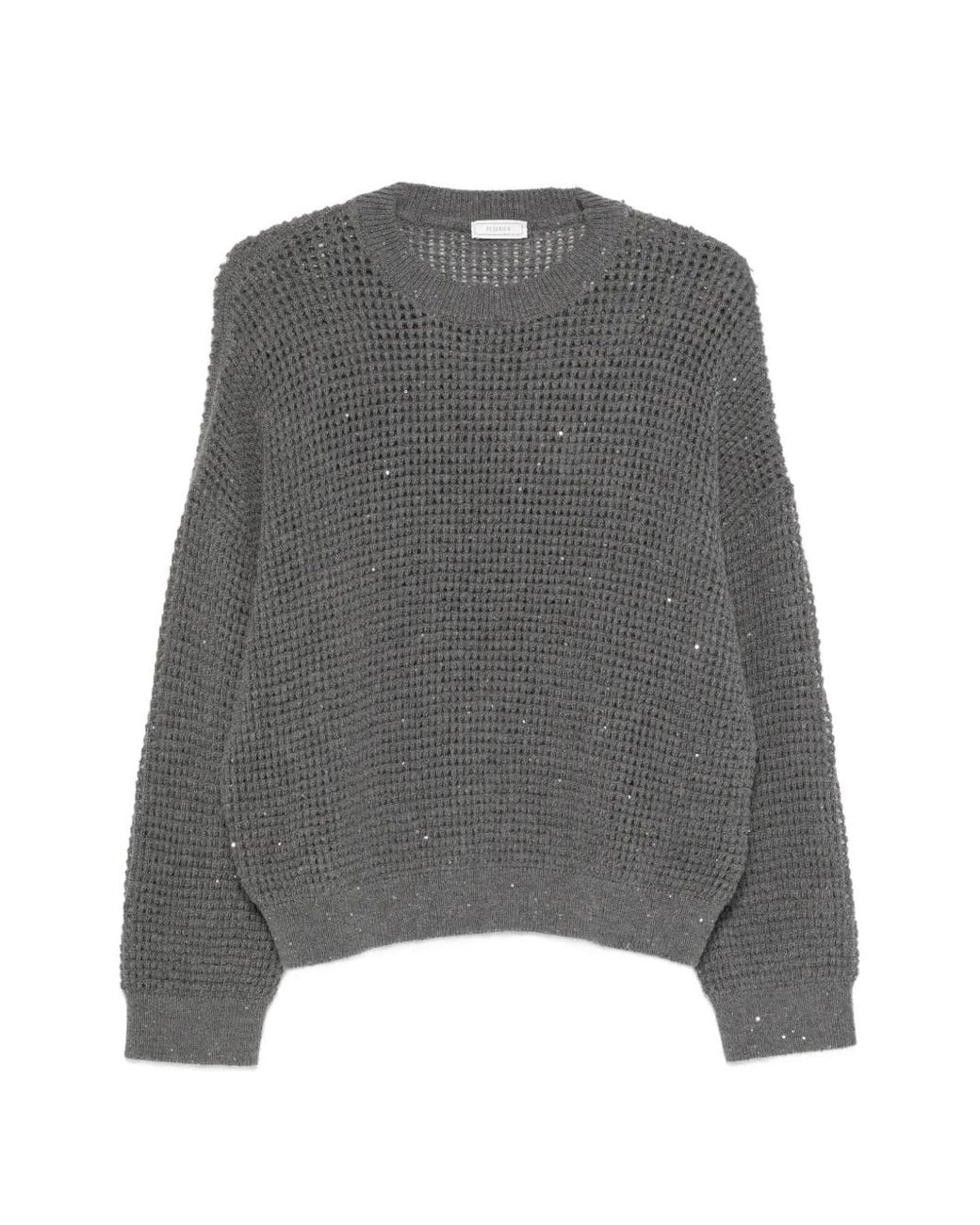 Peserico Gray Sequin-Embellished Open-Knit Sweater